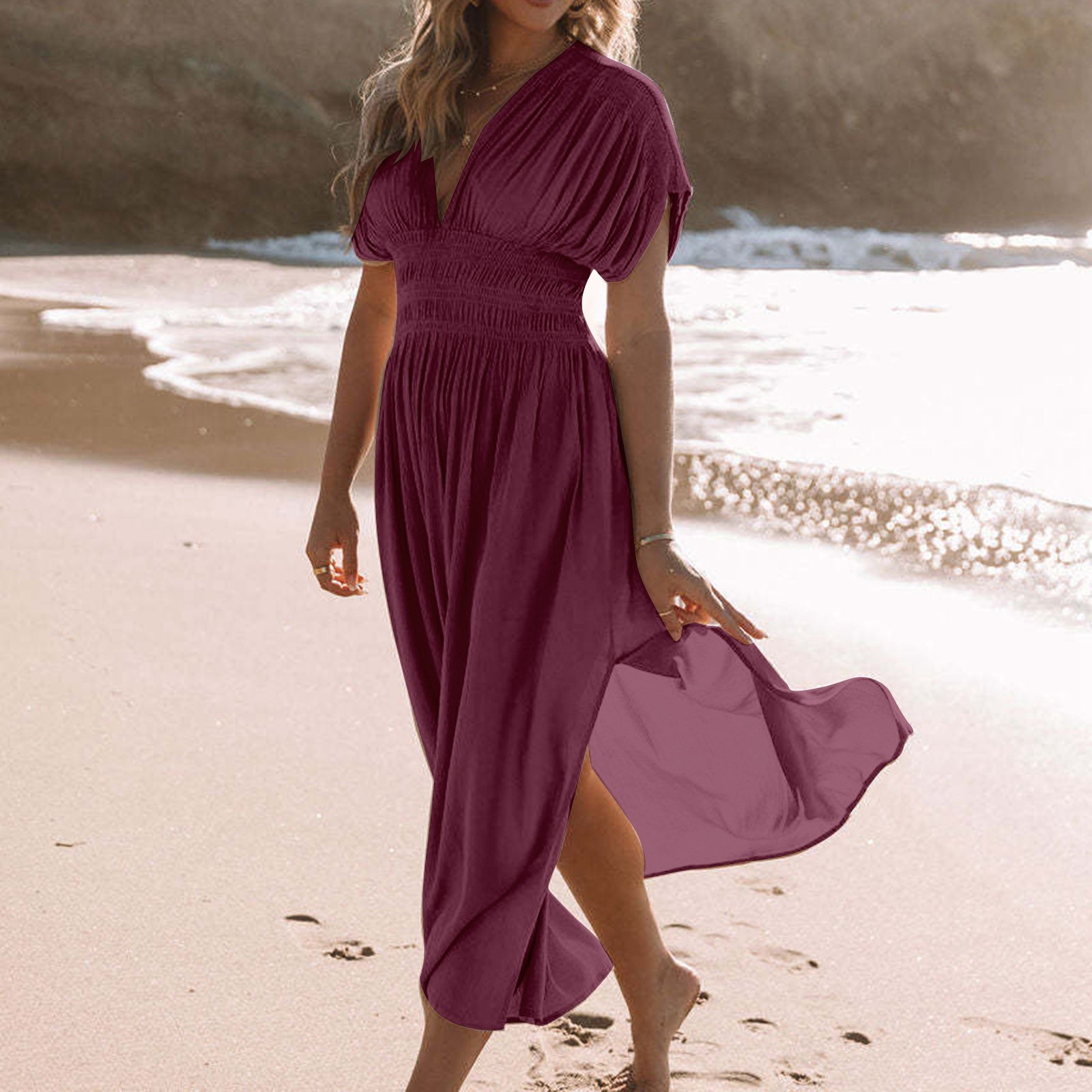 thumbnail image 4 of Vestido largo sexy con abertura y cuello en V para mujer: tejido ligero y fluido, corte holgado, adecuado para fiestas, citas y vacaciones, disponible en varias tallas., 4 of 8